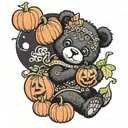 black teddy bear with a peanut and a berry on it's tummy, wearing a tiara and sitting inside a jack-o'-lantern  tattoo design idea