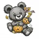 black teddy bear with a peanut and a berry on it's tummy, wearing a tiara and sitting inside a jack-o'-lantern  tattoo design idea