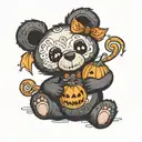 black teddy bear with a peanut and a berry on it's tummy, wearing a tiara and sitting inside a jack-o'-lantern  tattoo design idea