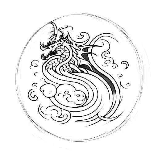 A minimalist black and grey tattoo of a majestic dragon encircling a full moon against a backdrop of swirling galaxies tattoo design idea