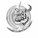 A blackwork tattoo featuring a tiger resting on a crescent moon tattoo design idea