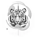 A blackwork tattoo featuring a tiger resting on a crescent moon tattoo design idea