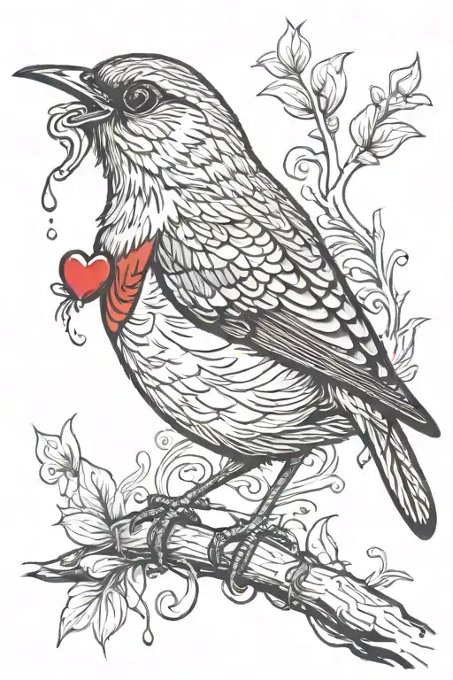 Wren bird with bloody heart in beak open tattoo design idea