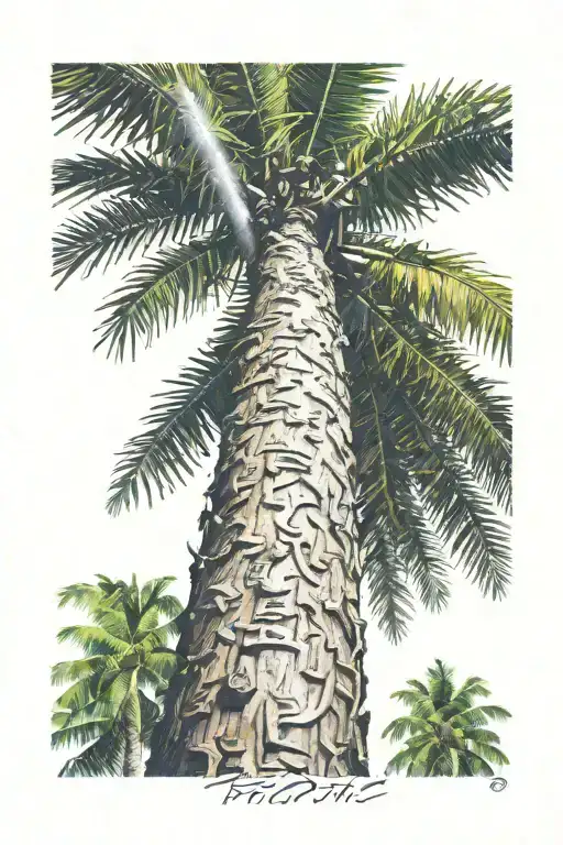 one Palm tree in colour with the word "Tropics" spelt in the detail of the bark on  the trunk of the tree vertically. tattoo design idea