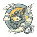 dragon with a sun in the middle and clouds on the sides tattoo design idea