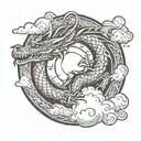 dragon with a sun in the middle and clouds on the sides tattoo design idea