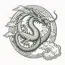 dragon with a sun in the middle and clouds on the sides tattoo design idea