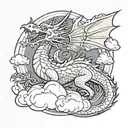 dragon with a sun in the middle and clouds on the sides tattoo design idea
