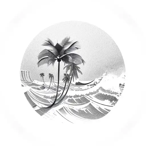 round waves and palm trees tattoo design idea