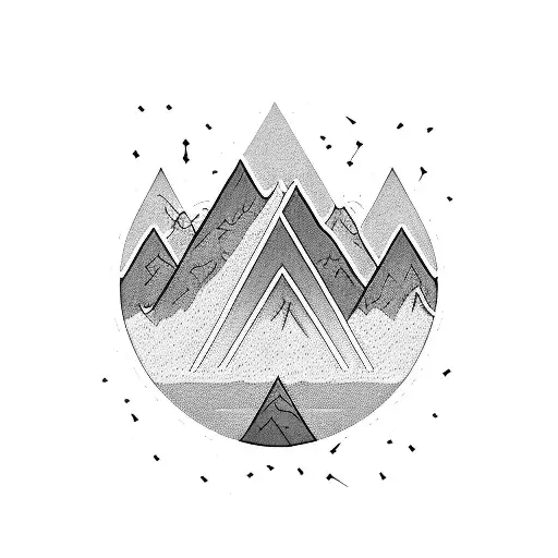 A detailed blackwork tattoo of a mountain range with a subtle dollar sign hidden in the design, symbolizing the balance between hustle and enjoying the beauty of nature tattoo design idea