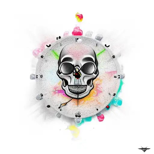 clock shattering in to skull tattoo design idea