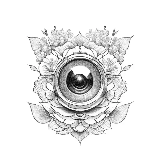 A camera lens surrounded by delicate delphinium flowers tattoo design idea