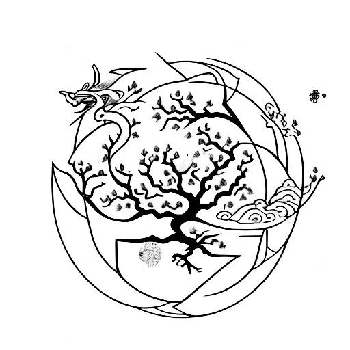 cherry blossom, dragon, wolf, tree of life, planets, stars, nature tattoo design idea