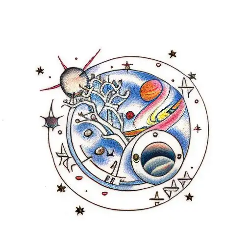 full body tattoo with cherry blossom tree and a wolf starring at the planets and stars in the ocean tattoo design idea