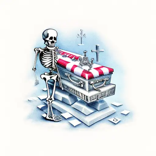 skeleton in a coffin with gravestones tattoo design idea