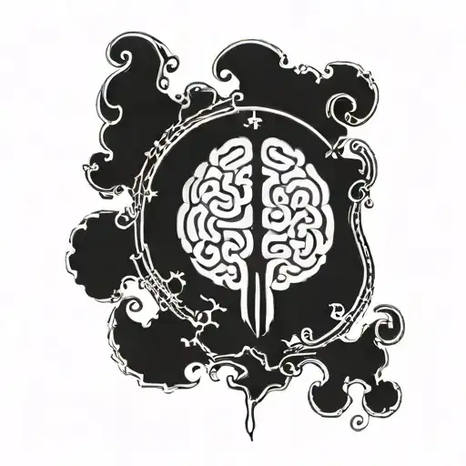A fine line tattoo of the human brain encirlced by a repeated pattern of the Andikra symbol for loyalty on the pec tattoo design idea