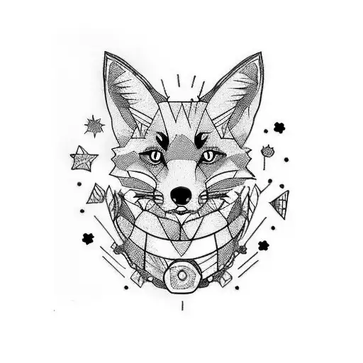 trash polka, tattoo sketch, fox in profile, dial, red black tattoo design idea