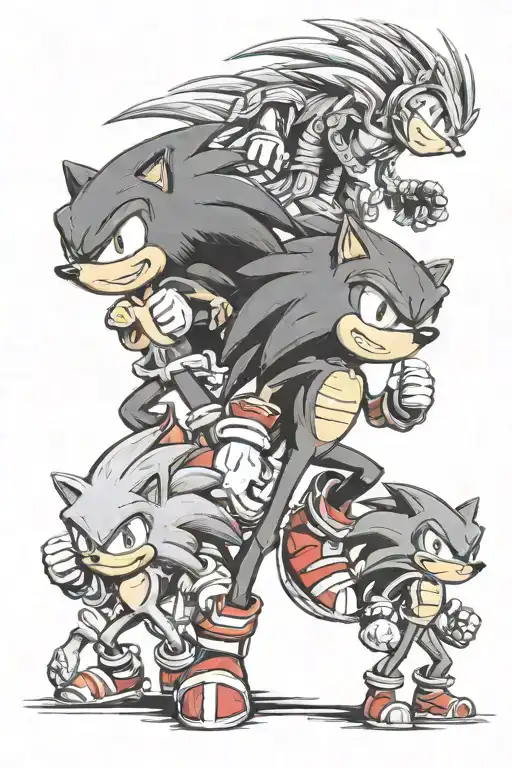 Sonic the hedgehog, Knuckles and Shadow the hedgehog, looking like there going to war. ultra realistic  tattoo design idea