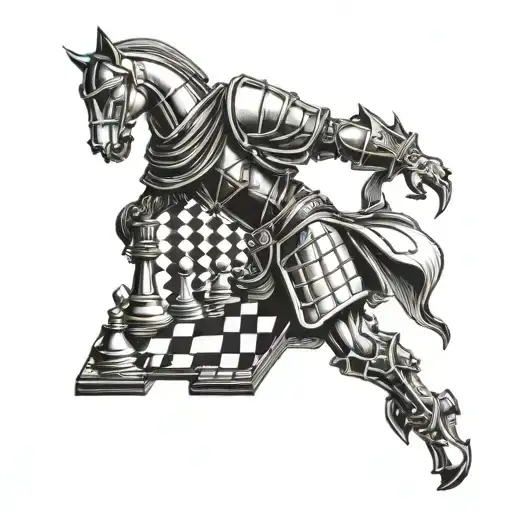 Chess piece knight, standing on chess board, perspective tattoo design idea