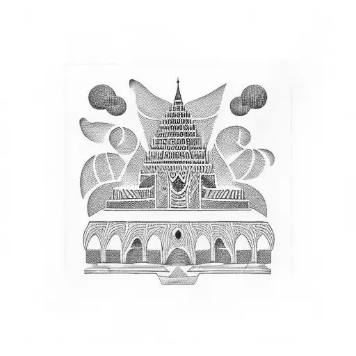A blackwork tattoo of a historical monument with tribal patterns incorporated tattoo design idea