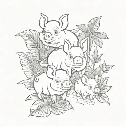 mix of 3 little pigs cartoon ( with monstera, dolphin, rose)  tattoo design idea