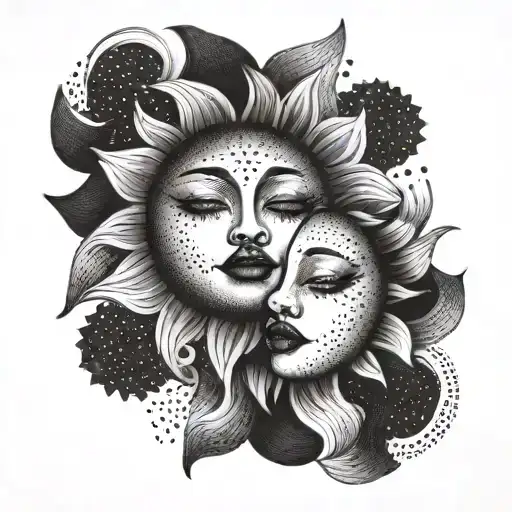 sun and moon kissing lips tattoo design idea