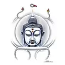 Buddha with forked serpent tongue in the style of Alex Grey tattoo design idea