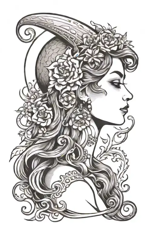 moon lady head profile holding tattoo design idea