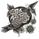 An abstract geometric tattoo featuring a bird morphing into a brain, with delicate flowers scattered throughout the design tattoo design idea