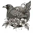 An abstract geometric tattoo featuring a bird morphing into a brain, with delicate flowers scattered throughout the design tattoo design idea