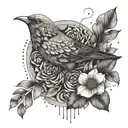 An abstract geometric tattoo featuring a bird morphing into a brain, with delicate flowers scattered throughout the design tattoo design idea