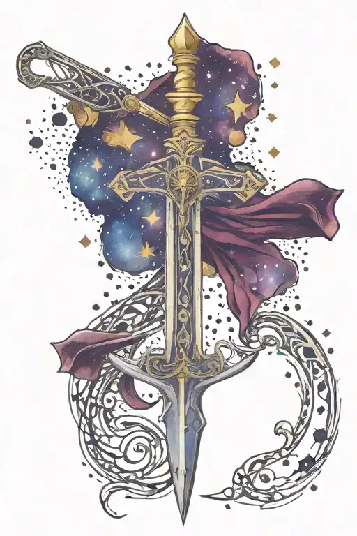 gold silver sword, silver hourglass, gold silver star field, galaxy purple burgundy blue tattoo design idea