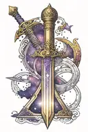 gold silver sword, silver hourglass, gold silver star field, galaxy purple burgundy blue tattoo design idea