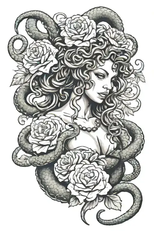 medusa holding snake looking straight with carnations tattoo design idea