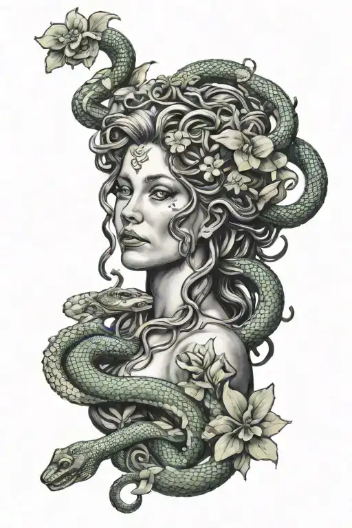 medusa holding snake intertwined in her fingers looking at it surrounded by flowers  tattoo design idea