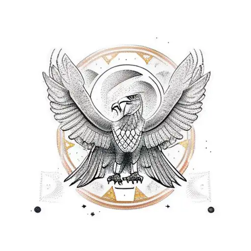 Combine Egyptian mythology and astrology to design a tattoo featuring an eagle perched on top of an ancient Egyptian symbol, with celestial elements incorporated. tattoo design idea
