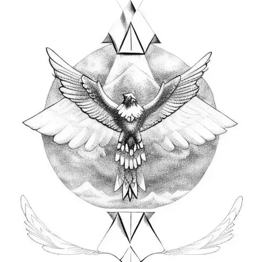 Create a tattoo design inspired by Egyptian mythology and symbols, depicting an eagle with wings spread wide, perched atop a pyramid. tattoo design idea