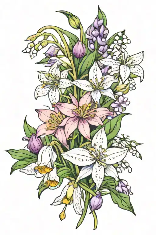 brith flowers snow drop, violet, daffodil, lily of the valley and water lily   tattoo design idea