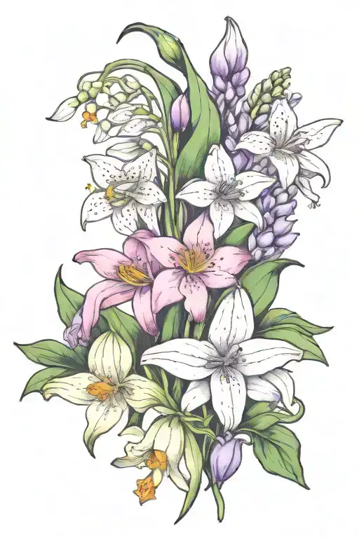 brith flowers snow drop, violet, daffodil, lily of the valley and water lily   tattoo design idea