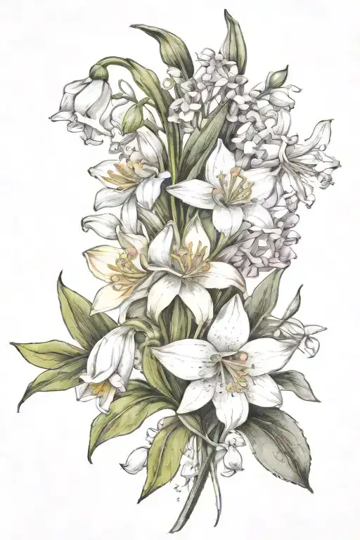 brith flowers snow drop, violet, daffodil, lily of the valley and water lily   tattoo design idea