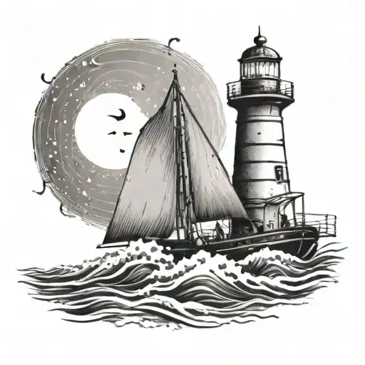 A tattoo design of a boat sailing on rough ocean waves, with a lighthouse in the background, representing the client's love for boating and the sea tattoo design idea