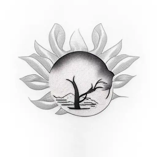 sunset with a porsche 911 994 in the distance and a lemon tree  tattoo design idea