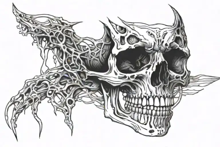 Black lines skull unhinged at the jaw creepy showing teeth with accents on the sides tattoo design idea