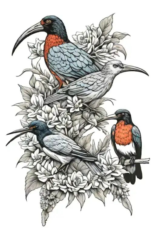 black faced ibis, hummingbird and american robin bird tattoo design idea