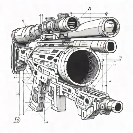 A sleek and detailed sniper rifle integrated with forex trading charts and graphs tattoo design idea