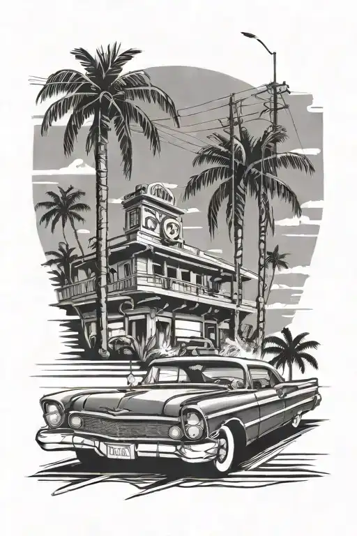 A chicano style lowrider car cruising down a street lined with palm trees and electric poles, representing the client's passion for chicanos and Los Angeles vibes tattoo design idea