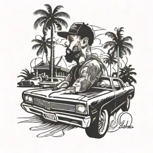 A detailed portrait of a vendeur with a hip hop twist, surrounded by palm trees and lowrider cars, capturing the essence of the client's occupation and passions in a bold blackwork style tattoo design idea