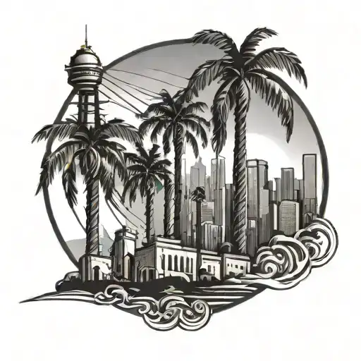 A chicano-inspired design of a sunset over Los Angeles skyline, with palm trees and radio towers tattoo design idea