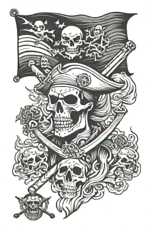 pirate and flag with skull tattoo design idea