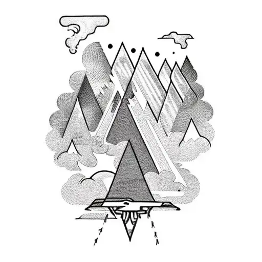 top of a mountain during a tunderstorm with lightning, geometrical, black and White  tattoo design idea